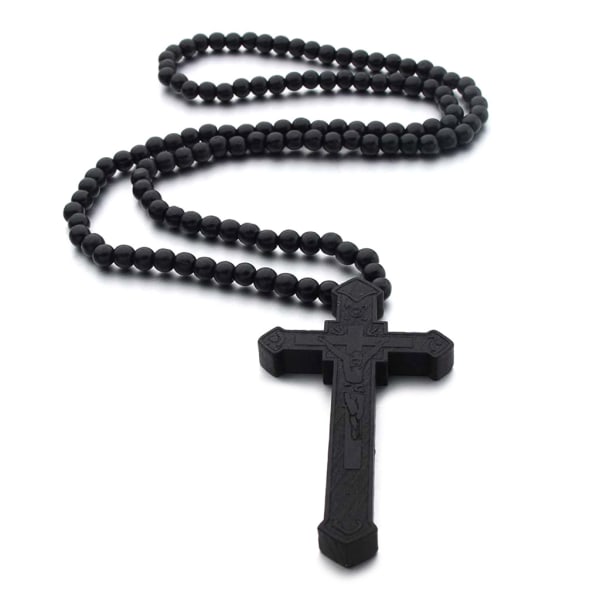 Catholic for Cross Halsband Träpärlor Rosenkrans Religiös Jesus snidade smycken C Black