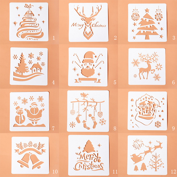 12 kpl Joulupiirustusmallineiden sarja Uudelleenkäytettävä DIY Graffitipohja 13x13 cm kotiin, luokkahuoneeseen, seinään, oven koristeluun