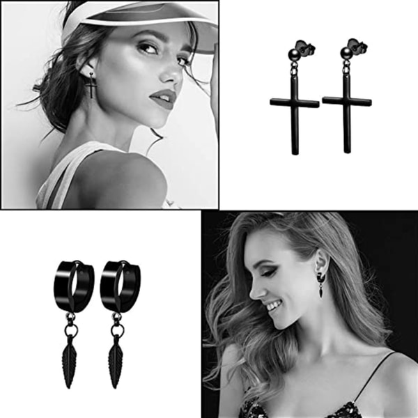 12 par örhängen svarta örhängen i rostfritt stål bågeörhängen set Smycken piercingar för män kvinnor punk gotisk stil