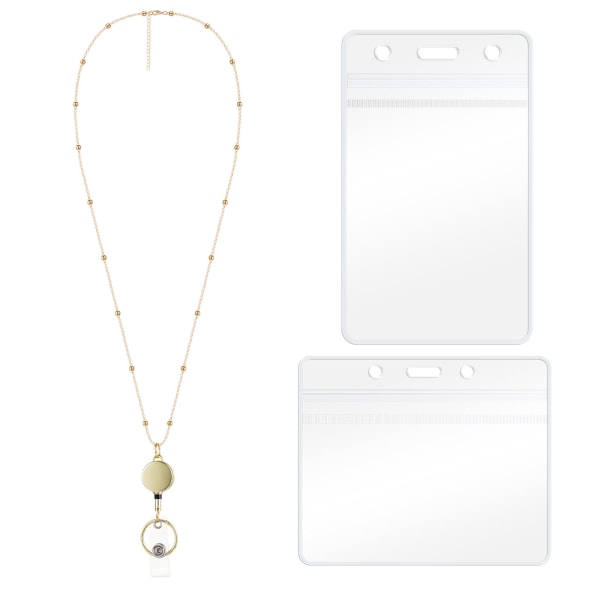 Konstgjord pärlmärkesbandkedja med 2 st ID-hållare Horisontella och vertikala märkeshållare för sjuksköterska kvinnor Gold-color