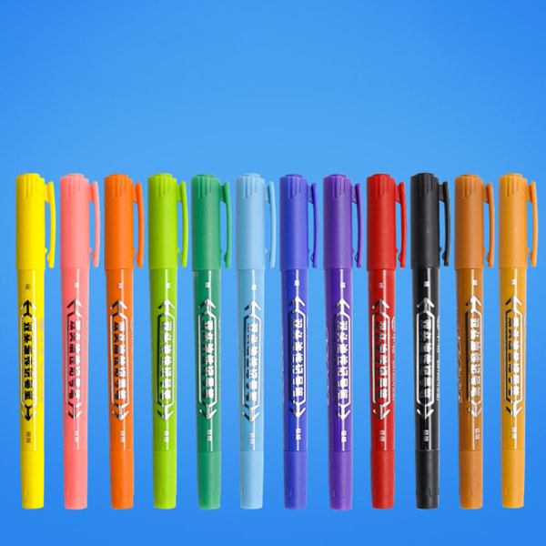 12 st/pack Dubbelfärgade tuschpennor 12 färger Penselpennor med dubbla spetsar Påfyllningsbara ljusa detalj ritpennor för barn Vuxna