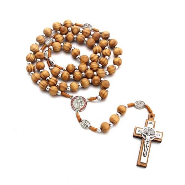 Handgjorda rosenkranshalsband i trä 10 mm runda pärlor Kristus Jesus korshänge kedja halsband Religiösa smycken för män