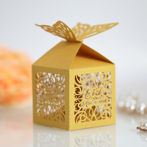 100 st för Butterfly Eid Ramadan Mubarak Dekoration Hollow Cut Candy Box Islamic Reflective gold