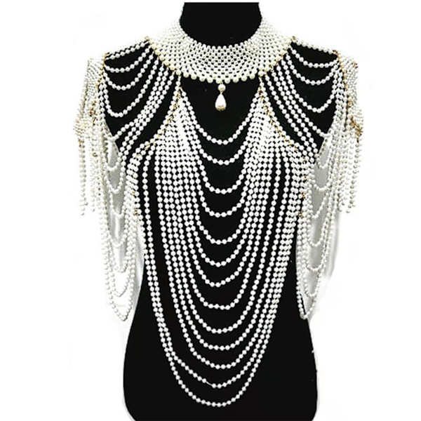 Dam Faux Pärla Kropps Smycken Halsband Pärlstav Tofs Smycken Axelkedja