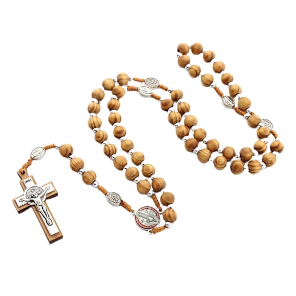 Handgjort Halsband med Rosenkrans i Trä 10mm Runda Pärlor Kristus Jesus Kors Hänge Kedja Halsband Religiösa Smycken för Män