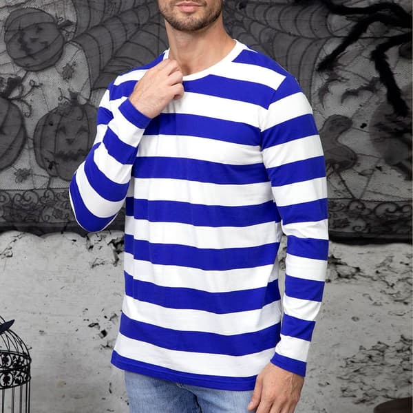 Stribet langærmet T-shirt med rund hals til mænd, basic afslappet top Blue 2XL