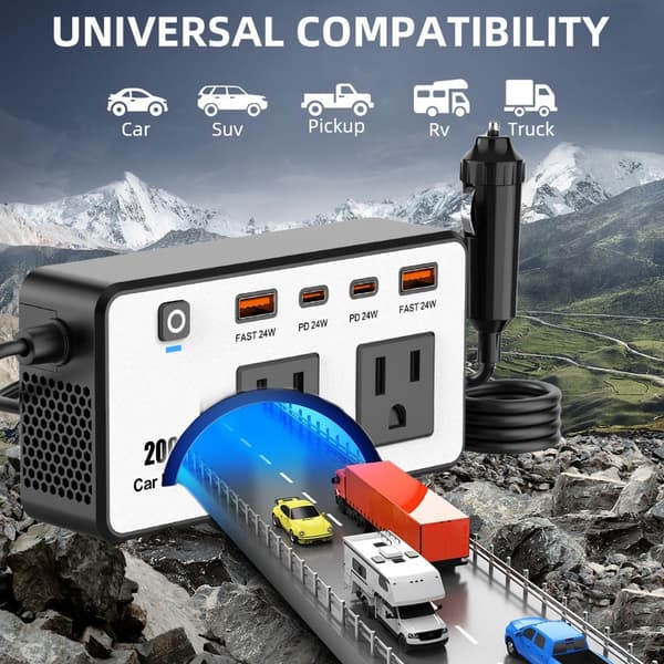 200W Bilinverter DC12V til 110V med USB C og USB A Hurtiglading for Laptoper