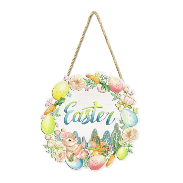 Påsk Väggskylt Tecknad Kanin Ägg Hängande Hänge Plakett Ornament för Inomhus Utomhus Trädgård Gårdsdekoration