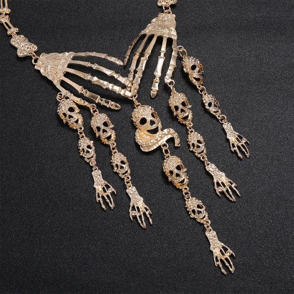 Överdriven Ghost Hand Multilayer Skull Halsband Tofs Charm Halsband Krage Mode Halloween smycken för kvinnor Tjej Gold