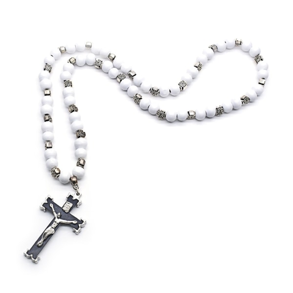 Rosenkrans halsband Jesus Kristus för kors hänge halsband Bead Long Chain Smycken White