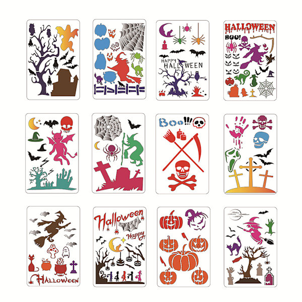 12 kpl Halloween-maalausmallineet Halloween-teemaiset graffitityökalut Naarmuuntumattomat uudelleenkäytettävät maalausmallineet