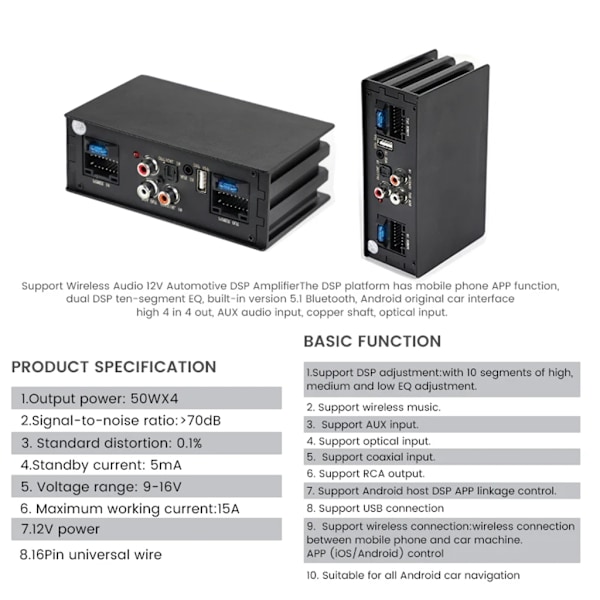 4x50W Signalprocessor med 16-stiftskabel Bilförstärkare