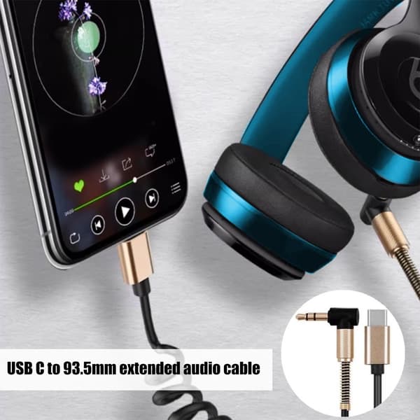 USB C til 3,5 mm spirallydskabel bilstereoledning 1,8 meter forlængerkabel