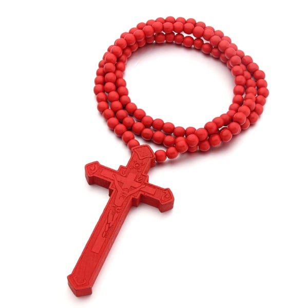 Catholic for Cross Halsband Träpärlor Rosenkrans Religiös Jesus snidade smycken C Red