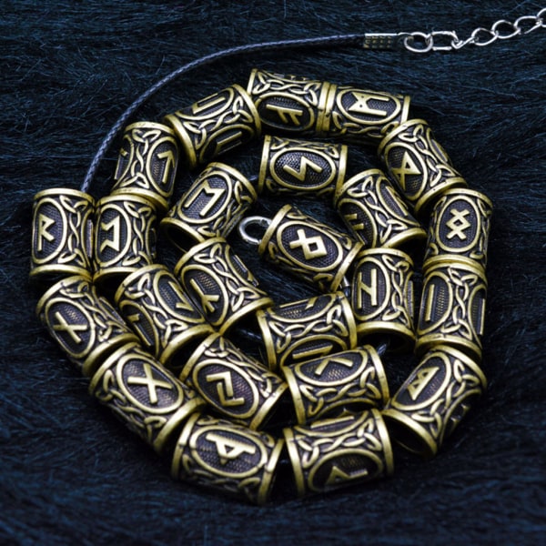 24x Viking Runes Pärlor För Smycken Göra Hår Skägg Hantverk Smycken DIY Metal Spacer Stort Hål Pärla Tillbehör Charmigt