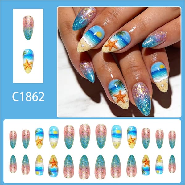 Sommer Press On Manicure Sæt, Gradient Ocean Art Mandel 24 Stykker