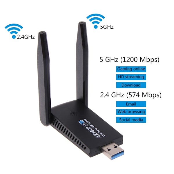 1800M USB WIFI 6 Adapter Dubbel Antenn Nätverkskort AX1800 Dual-Band 2,4/5Gh WiFi Adapter WIFI6 för PC Laptop Tablets