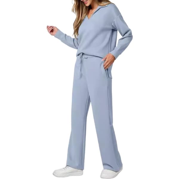V-ringad långärmad topp med dragsko i midjan och vida ben, perfekt för semestern Light Blue XXL
