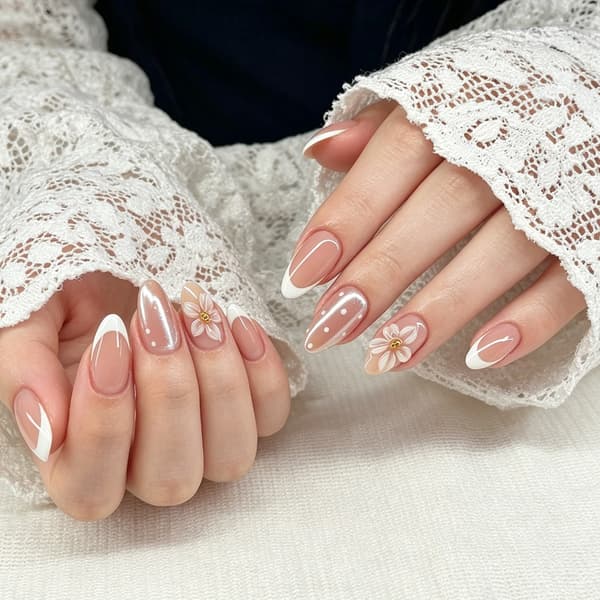 24 stk. bløde lyserøde press-on-manicure med blomsterfransk perleaccent