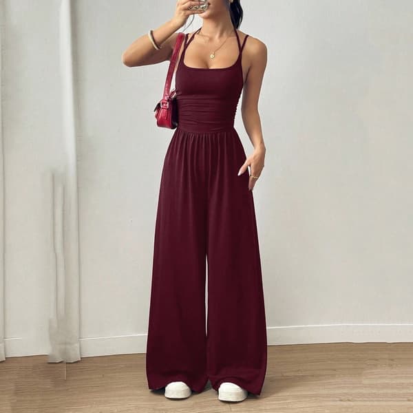 Fritidsjumpsuit til kvinder med stropper, bredbenede, baggy bukser, heldragt Claret XL