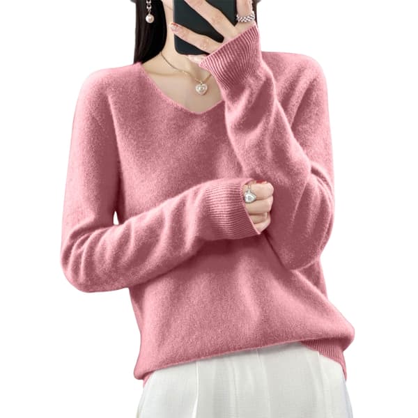 Dam V-ringad stickad tröja Casual lös långärmad pullover Jumper Toppar Pink L