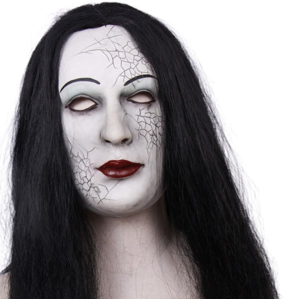 Latex Female Ghost Mask Långt hår Cover Halloween Haunted House Huvudbonader