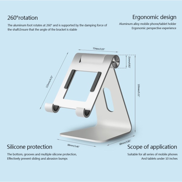 Justerbart tablettställ i aluminium med flera vinklar halkfri bordsplatta/telefonhållare 260° rotation för 3,5-10 tums surfplatta Black