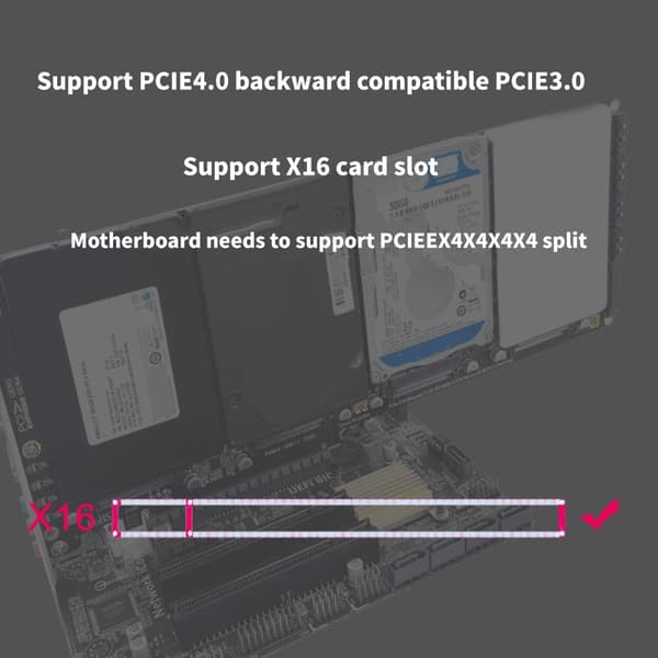 4-ports M.2 SFF8639 NVMe Solid Disk Reader PCIe X16 Internt Utvidelseskort