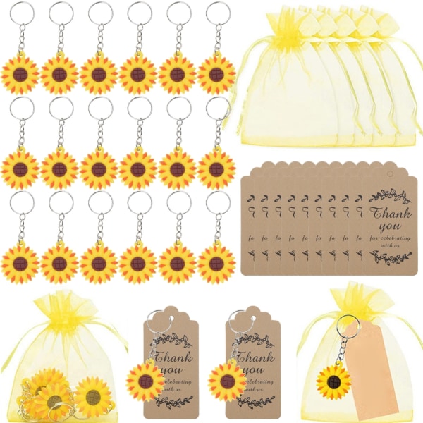 20 set Sunflower Party Favor Nyckelringar Organzapåsar Tack Kraft Taggar Skolbelöningar Sommartema Festtillbehör