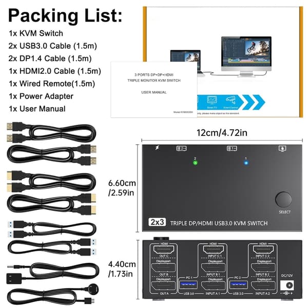 Triples skærme KVM-switcher HDTV USB3.0 til dobbelt PC 3 skærme