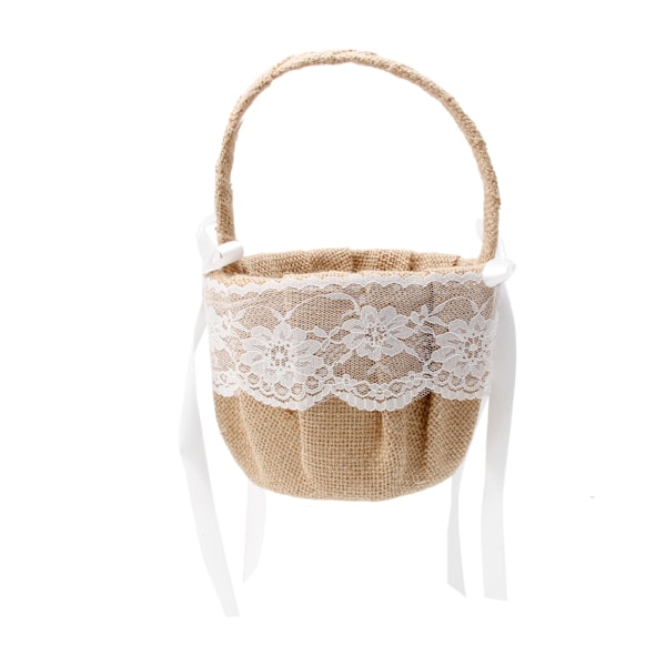 Jutepåse Blomkorg Vintage Retro Spetsrosett Bröllop Blomsterflicka Korg Bröllop för Bröllop Duschar och Jubileum