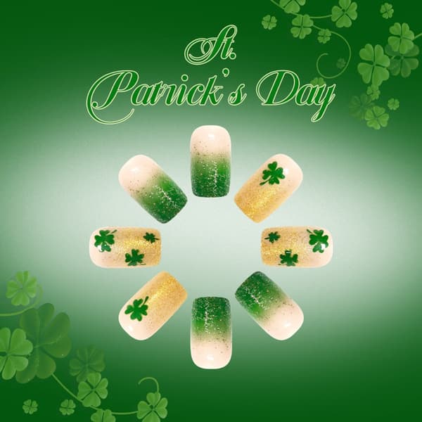 24 st gröna klövergradient glittrande press-on-naglar för St. Patrick's Day