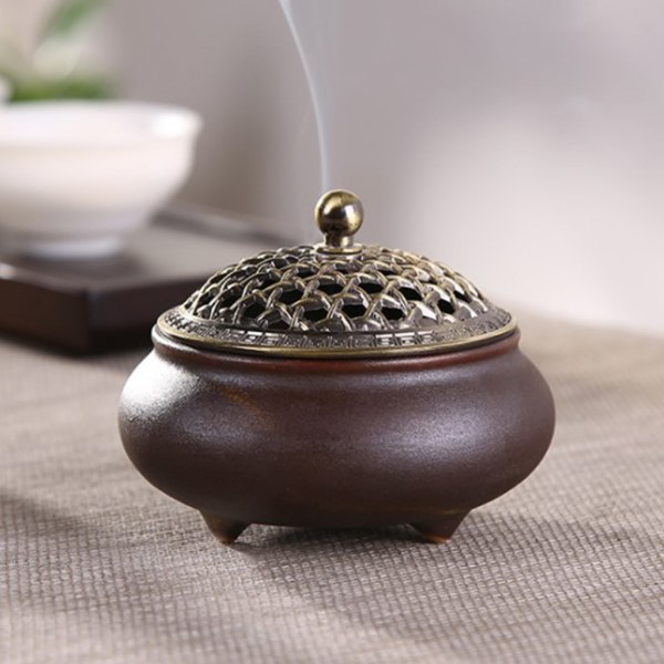 Rund keramisk rökelsekar klassisk rökelse för brännare med cover porslin spole Ince null - Brown and black