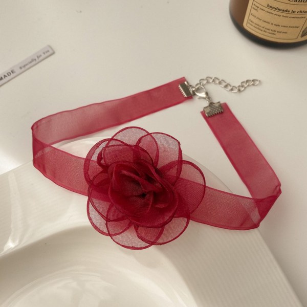 Kvinnor Blomkrage Choker Tyg Blomma Halsband Konstgjorda Flower Choker Garn Material Tyg Tillbehör för kvinnor Red