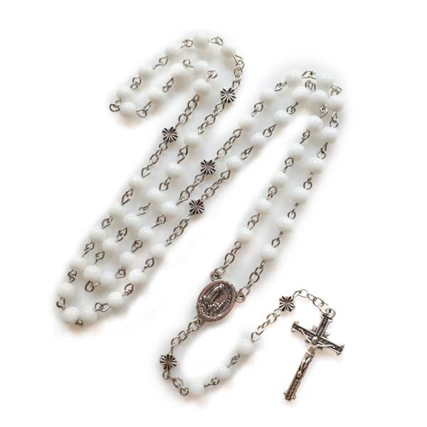 Vintage White Religion for Cross Rosenkrans Halsband Hängande hänge för kvinnor Män Ber Meditation Presentmaterial