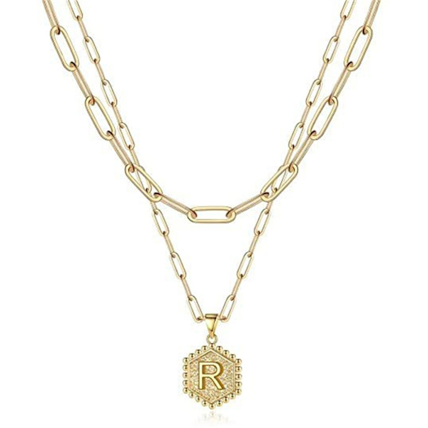 Layered Choker Halsband Dam Guld Layering Gem Kedja Halsband Enkelt justerbart Hexagon Pendant Halsband null - R