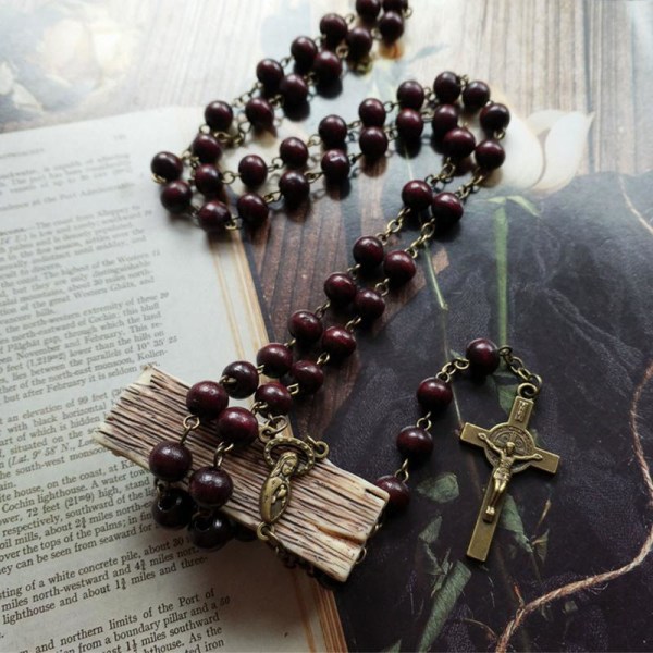 Unisex trä lång radband pärla kedja Jesus för kors krucifix för kors halsband gåva