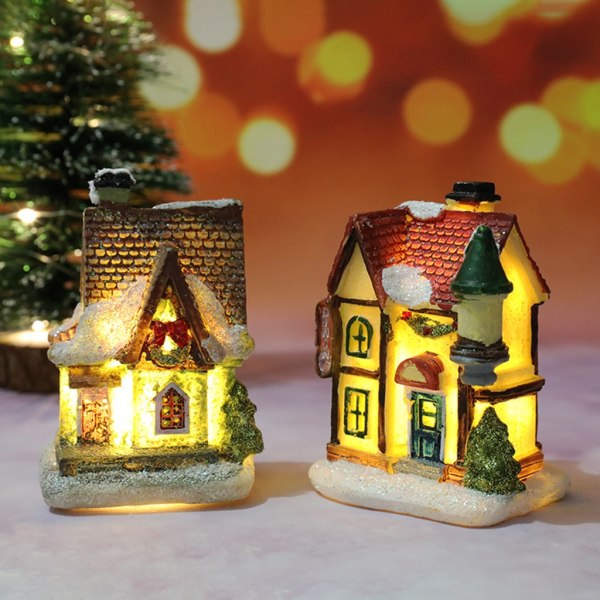 Miniatyr jul hus statyett med led ljus harts konst staty prydnad hantverk för hem barn rum skrivbordsdekor D