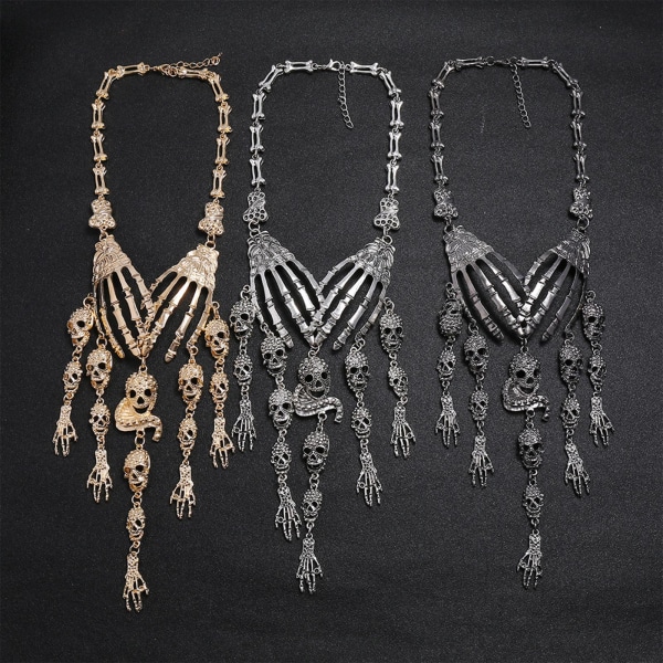 Överdriven Ghost Hand Multilayer Skull Halsband Tofs Charm Halsband Krage Mode Halloween smycken för kvinnor Tjej Black