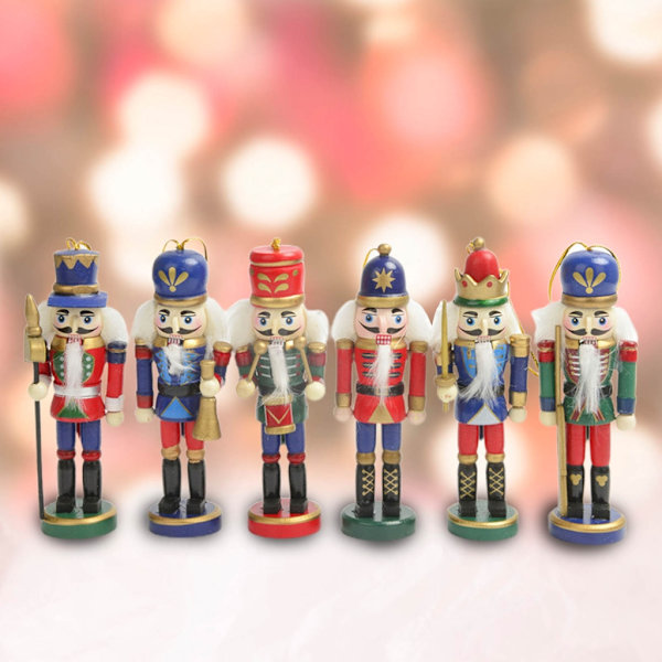 6st Nötknäppare Ornament Set Trä Nötknäppare Soldier King Juldekor för Xmas Tree Holiday Home Farmhouse Decor