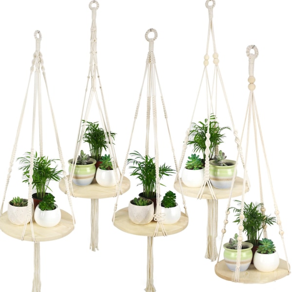 Macrame växthängare med tallrikbricka Träpärlor Hängande planteringskåp Hyllhållare CmF001
