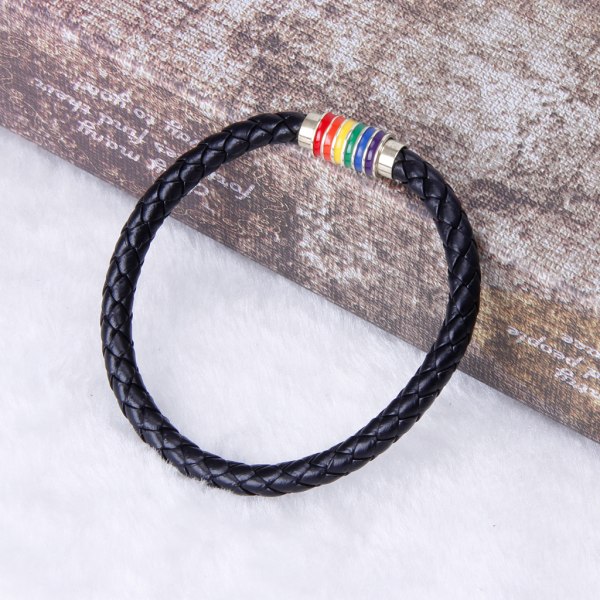 Svart läderarmband med metallspänne Enkel design Läderflätade Lovers Pride Rainbow Par Lover Armband A