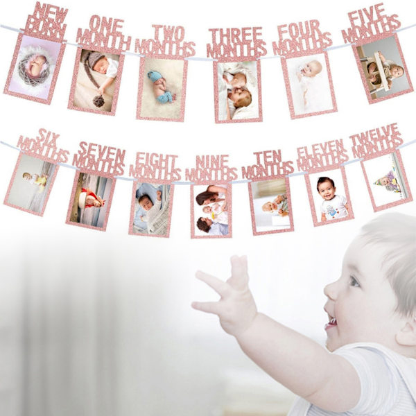 12 månader Fotoram Banderoller Grattis på födelsedagen Dekoration Första pojke Flicka Fest Papper Girlander Baby 1:a Ett år Bunting Pink