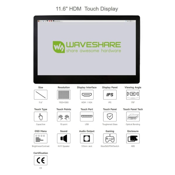 11,6 tums LCD-skärm högupplöst 1920 x 1080 för RaspberryPi4B stöder flera OS och IPS-skärmar med pekskärm US