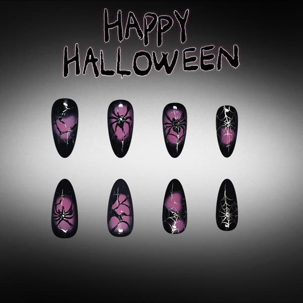 Lang Halloween Press On Manicure Sort Lilla Feststil Sæt