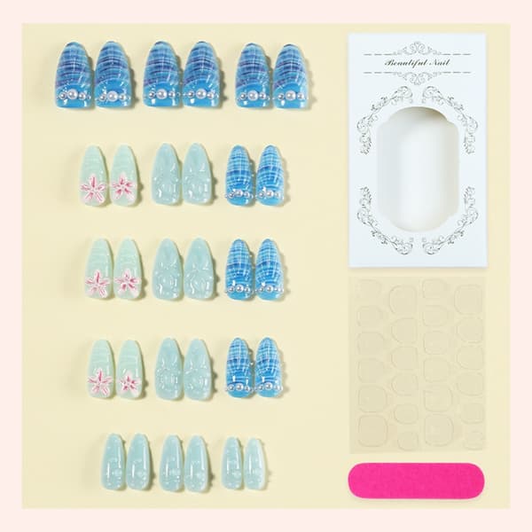 DIY Manicure Mandel Press Ons med Ocean Blomster Accent Stil