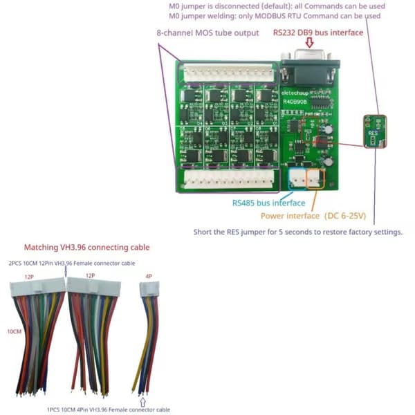 2 i 1 RS485 RS232 DB9 8DO Modul Rtu 3A NPN Mos Optokobler Isolasjon