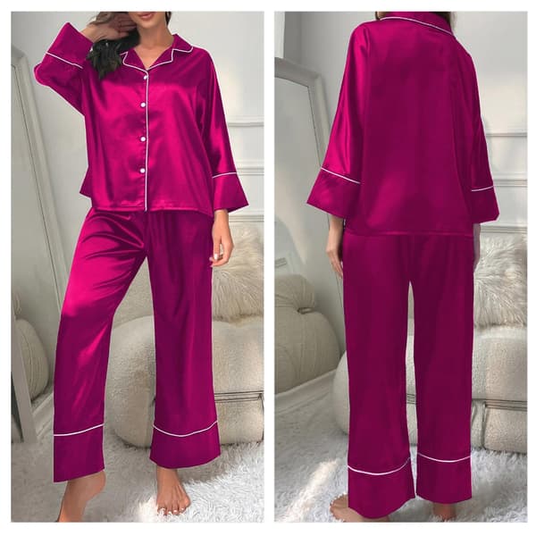 Pyjamas i silkesatin för kvinnor, långärmad, knäppt sovplagg, myskläder Claret XL