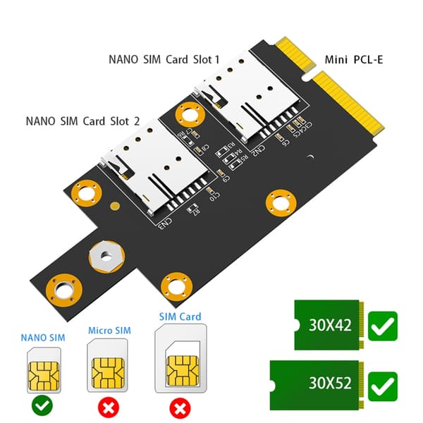 Mini M.2 Key B - PCIE-sovitin kahdella korttipaikalla 3G/4G/5G-moduulille