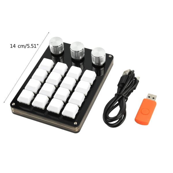 Bærbart Mini-Tastatur med 16 Taster, 3 Programmerbare Knotter, Avtakbar USB-Bakgrunnsbelysning